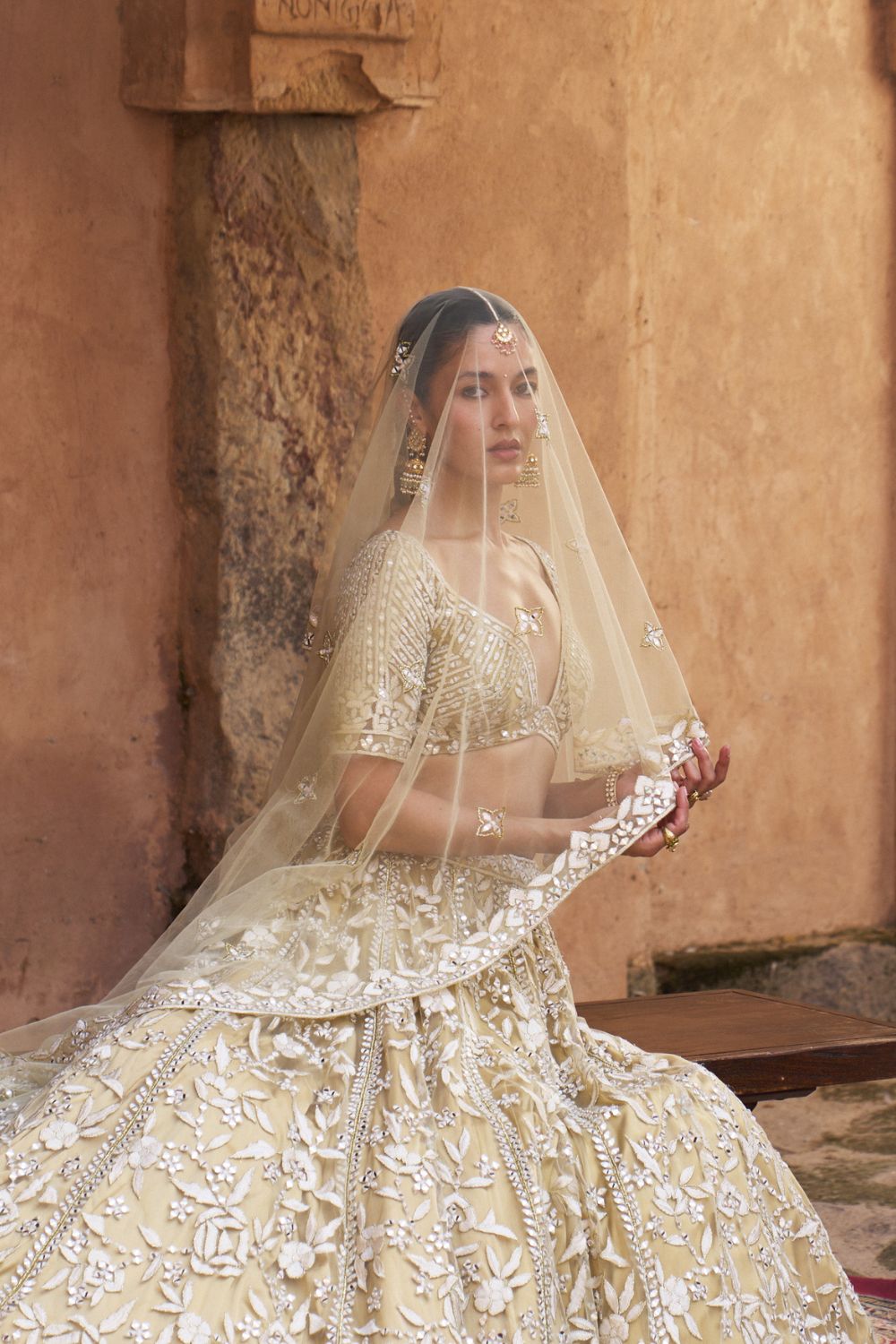 BASANT —  Golden Beige Net Lehenga Set