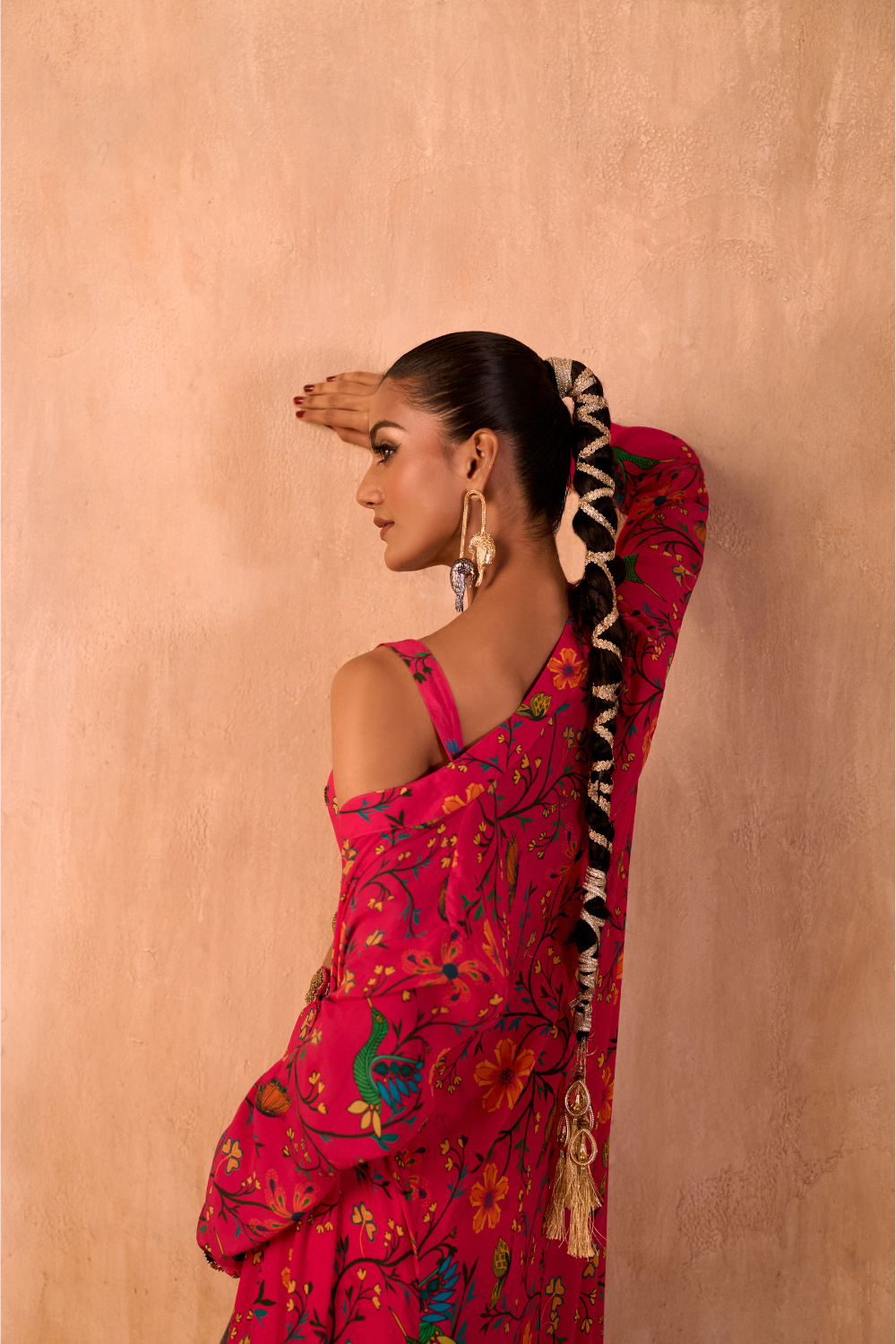 PINK PRINT EMBROIDERED CHOLI, DRAPED SKIRT AND JACKET SET