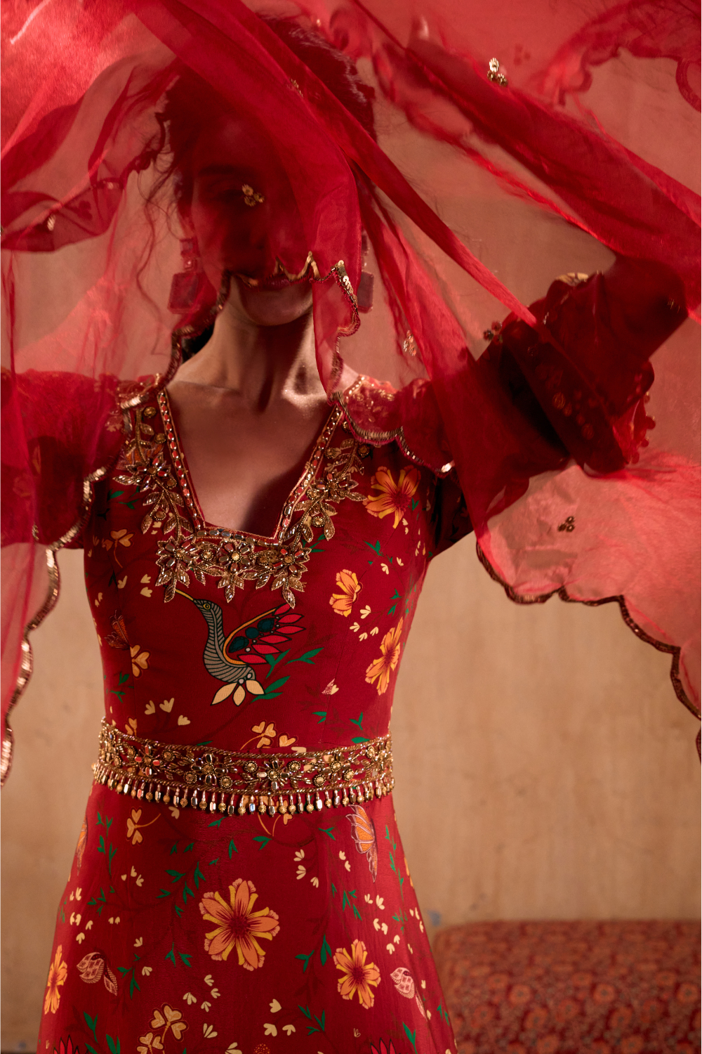 RED PRINT EMBROIDERED ANARKALI WITH DUPATTA AND BELT SET