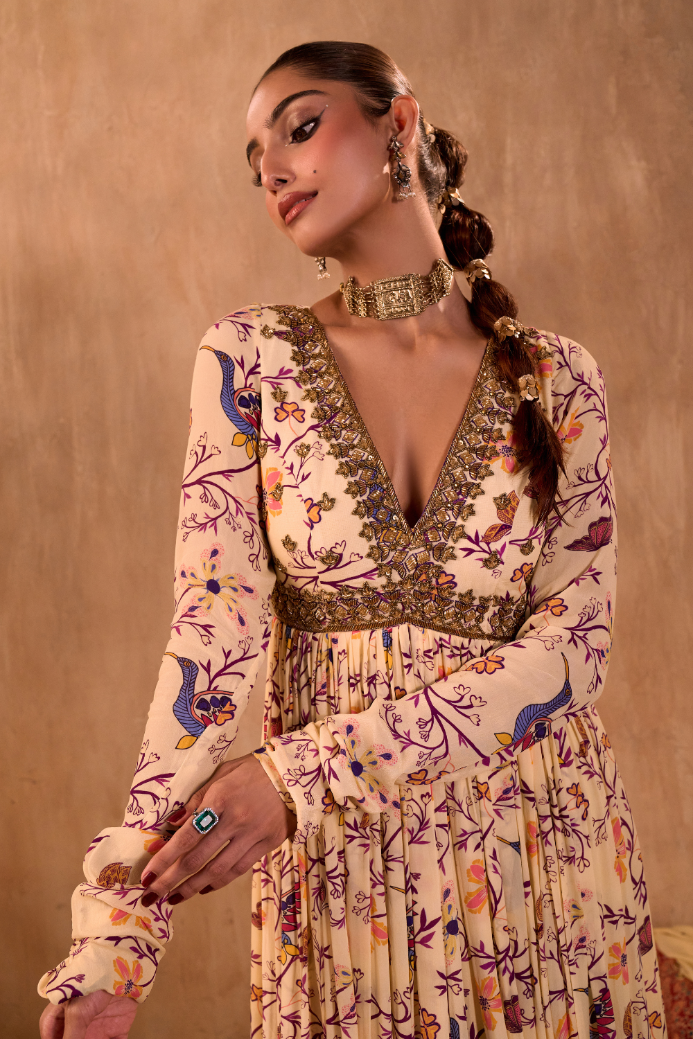 IVORY PRINT EMBROIDERED ANARKALI AND DUPATTA SET