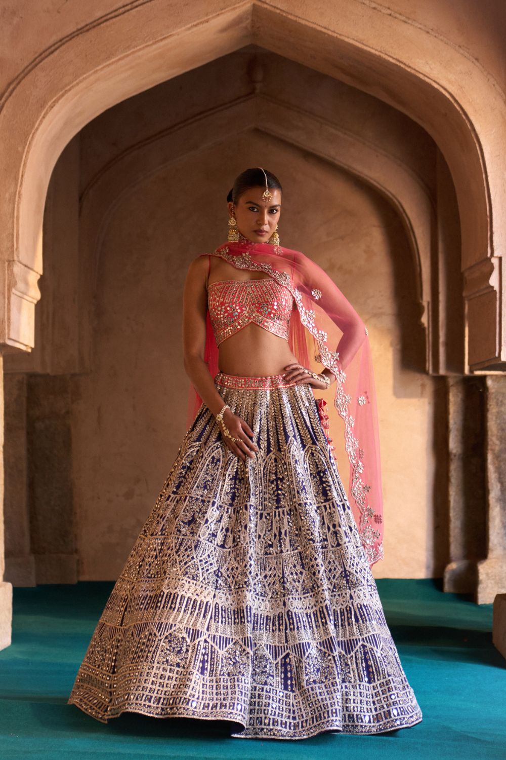 AMRIT — Midnight Indigo Raw Silk Lehenga Set with Contrast Blouse