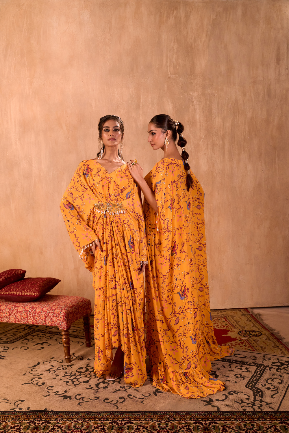 YELLOW PRINT EMBROIDERED LONG KAFTAN WITH PANTS SET