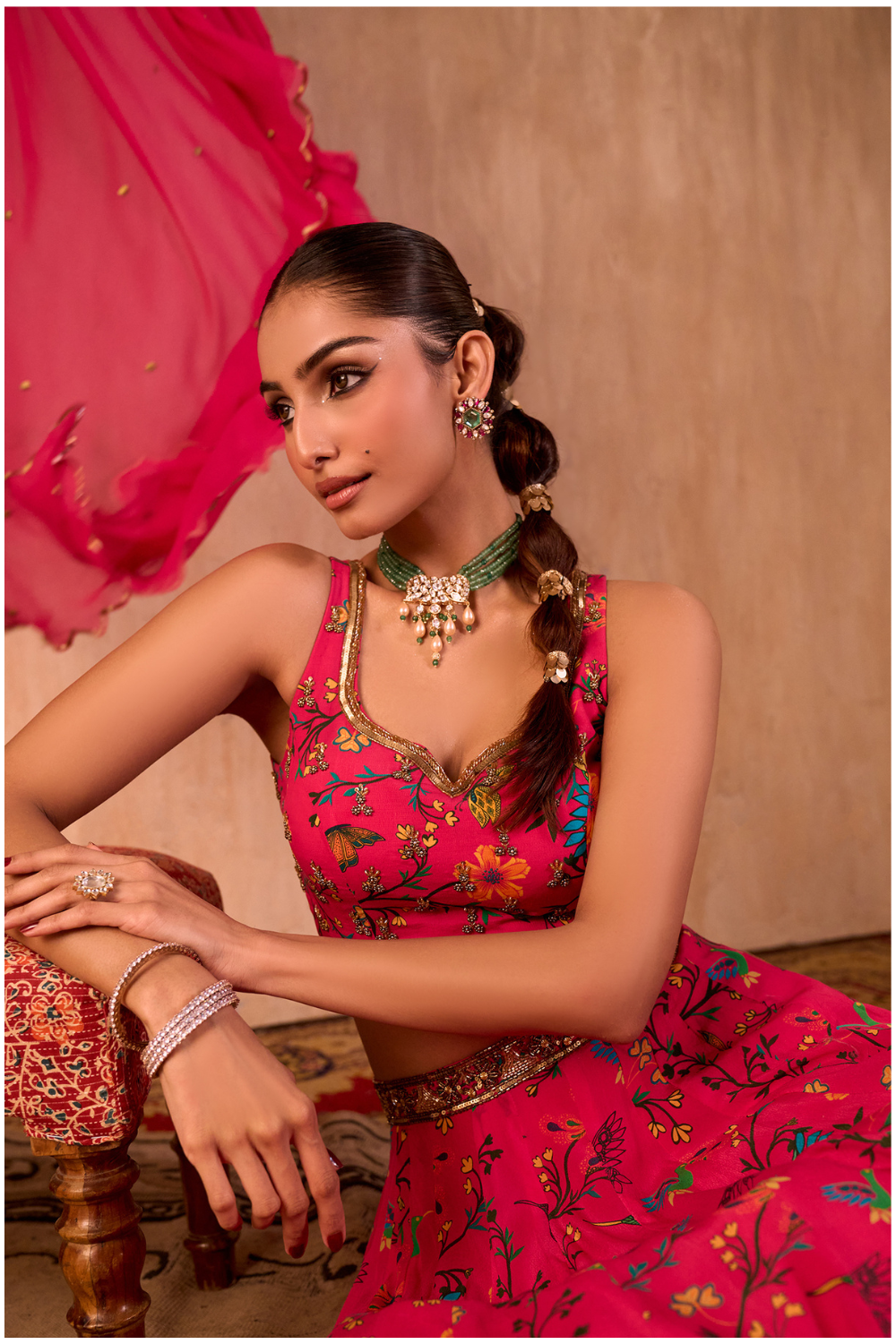 PINK PRINT EMBROIDERED CHOLI, LEHENGA AND DUPATTA SET