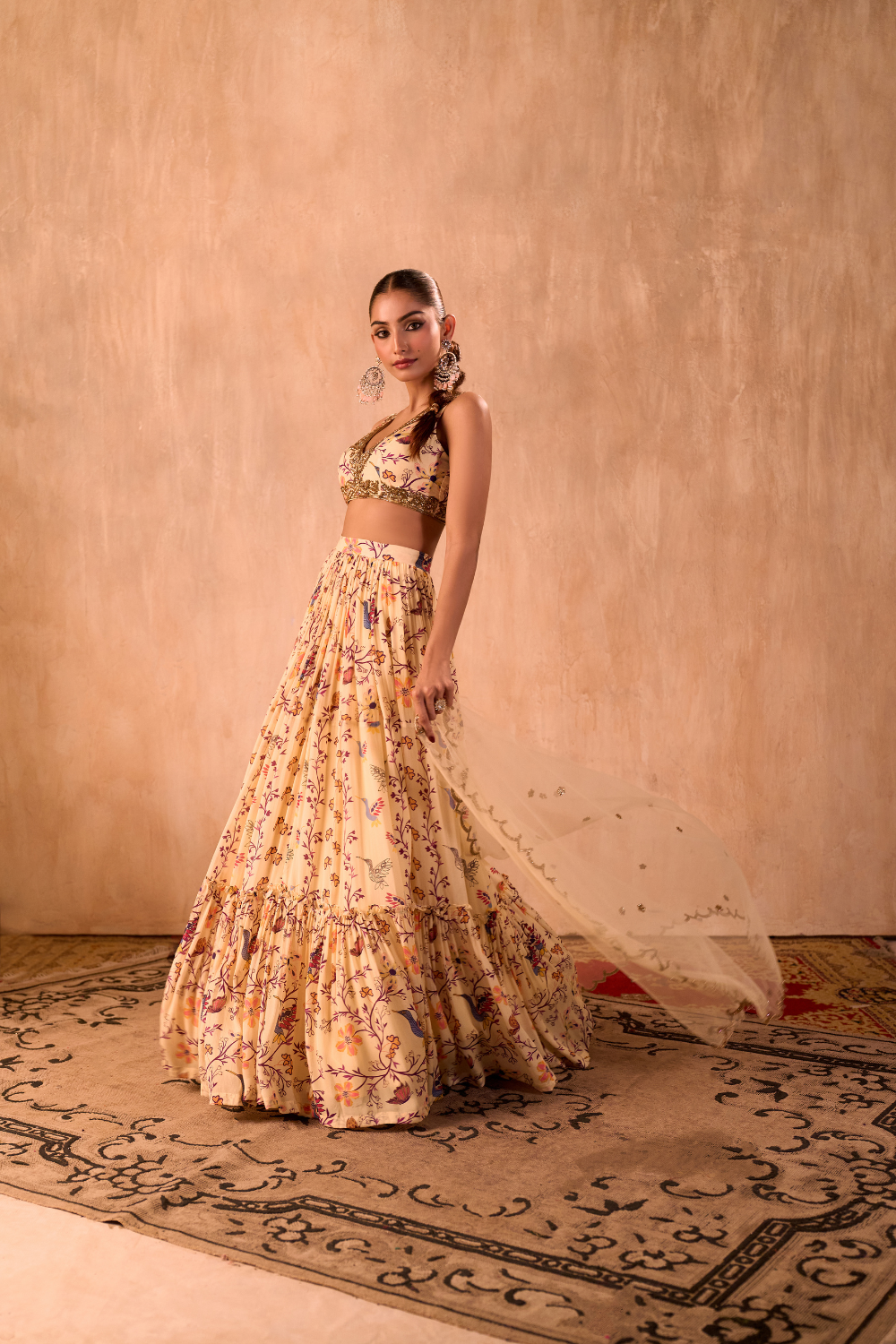 IVORY PRINT EMBROIDERED CHOLI, LAYERED LEHENGA AND DUPATTA SET