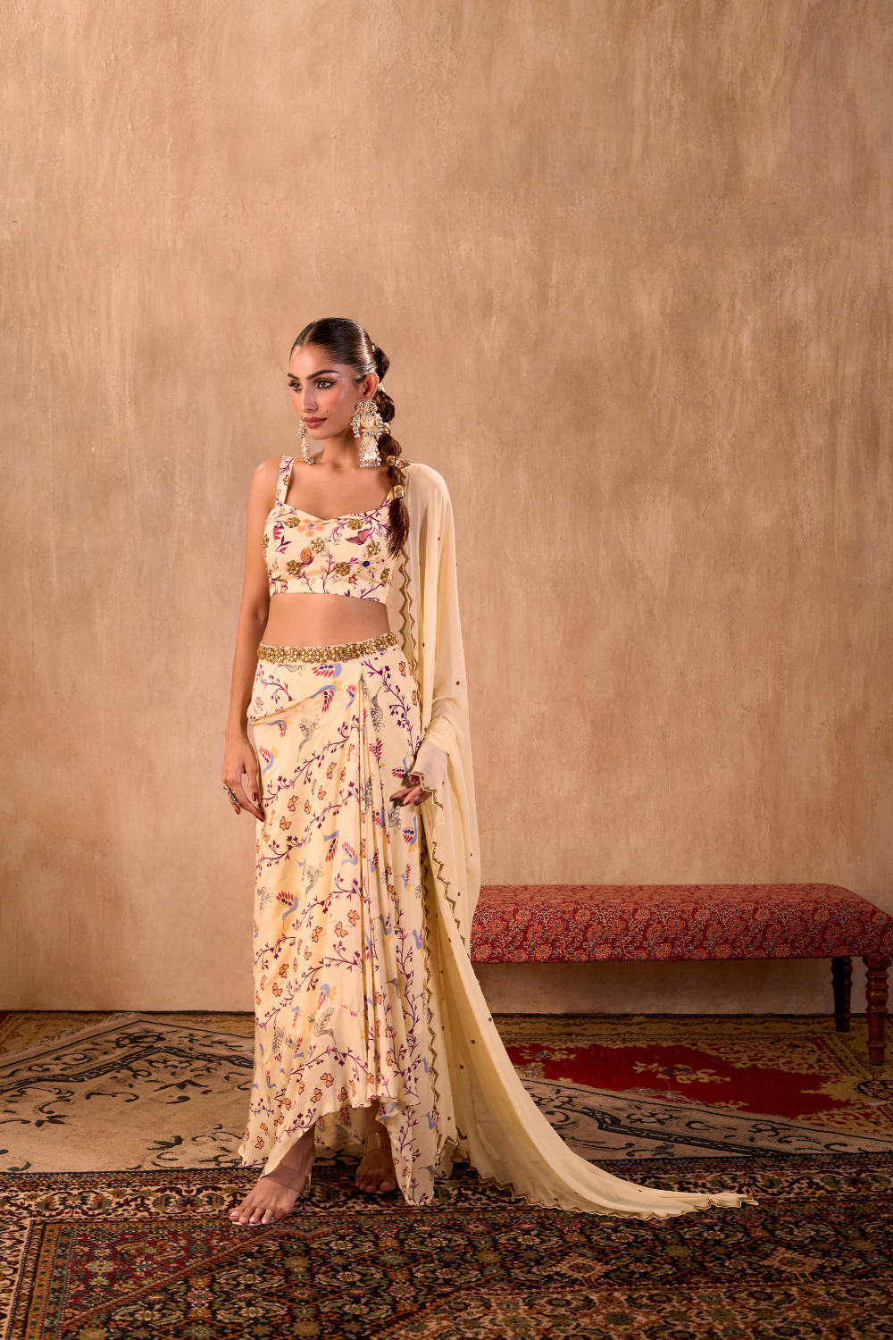 IVORY PRINT EMBROIDERED CHOLI, DRAPED SKIRT AND DUPATTA SET