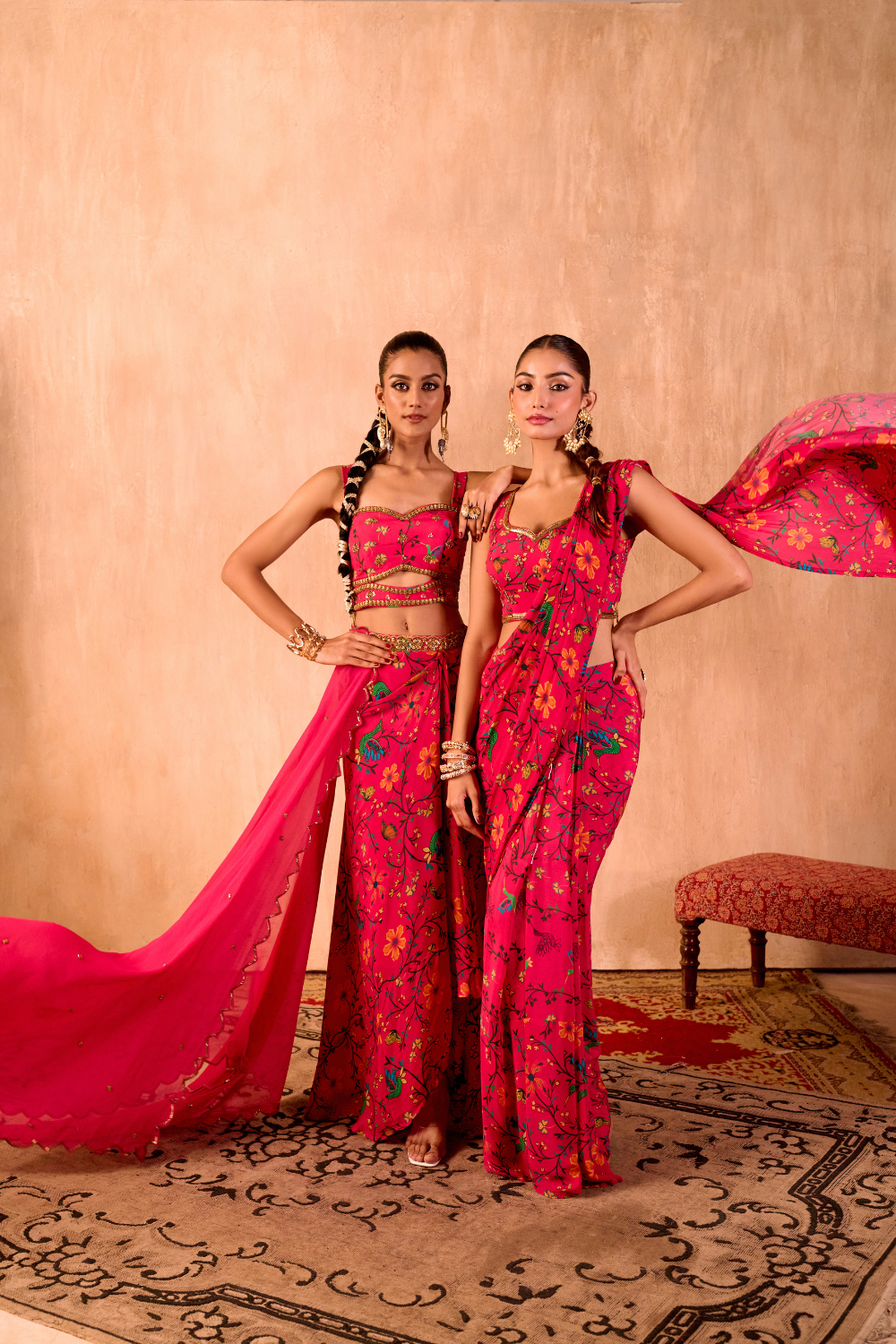 PINK PRINT EMBROIDERED CHOLI, DRAPED SKIRT AND DUPATTA SET