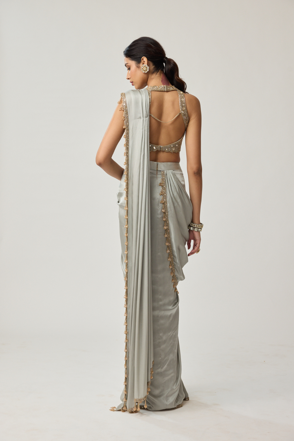 Powder Grey Mirror Satin Saree Set
