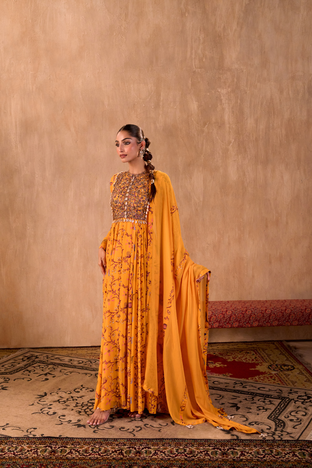 YELLOW PRINT EMBROIDERED ANARKALI AND DUPATTA SET