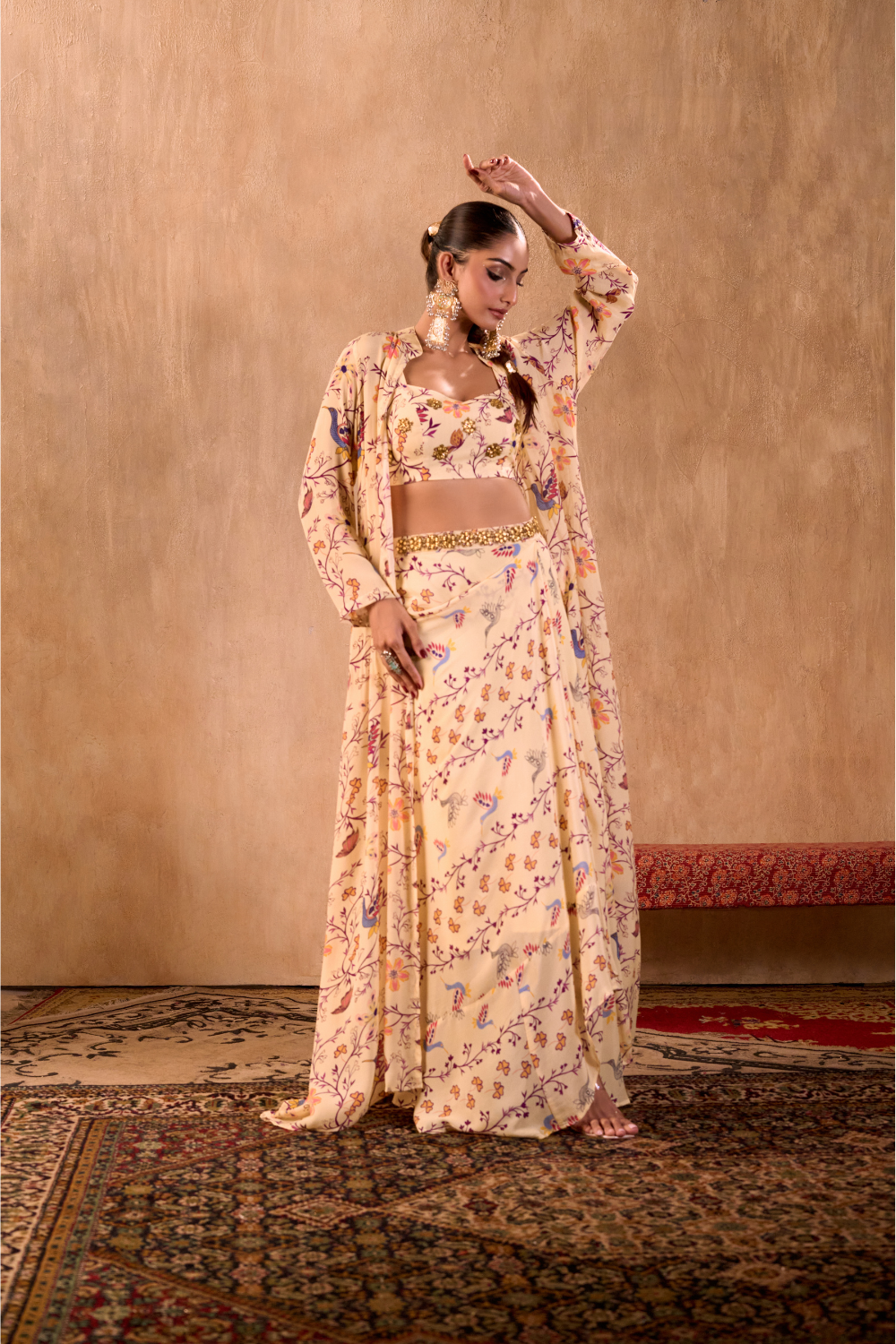 IVORY PRINT EMBROIDERED CHOLI, DRAPED SKIRT AND JACKET SET
