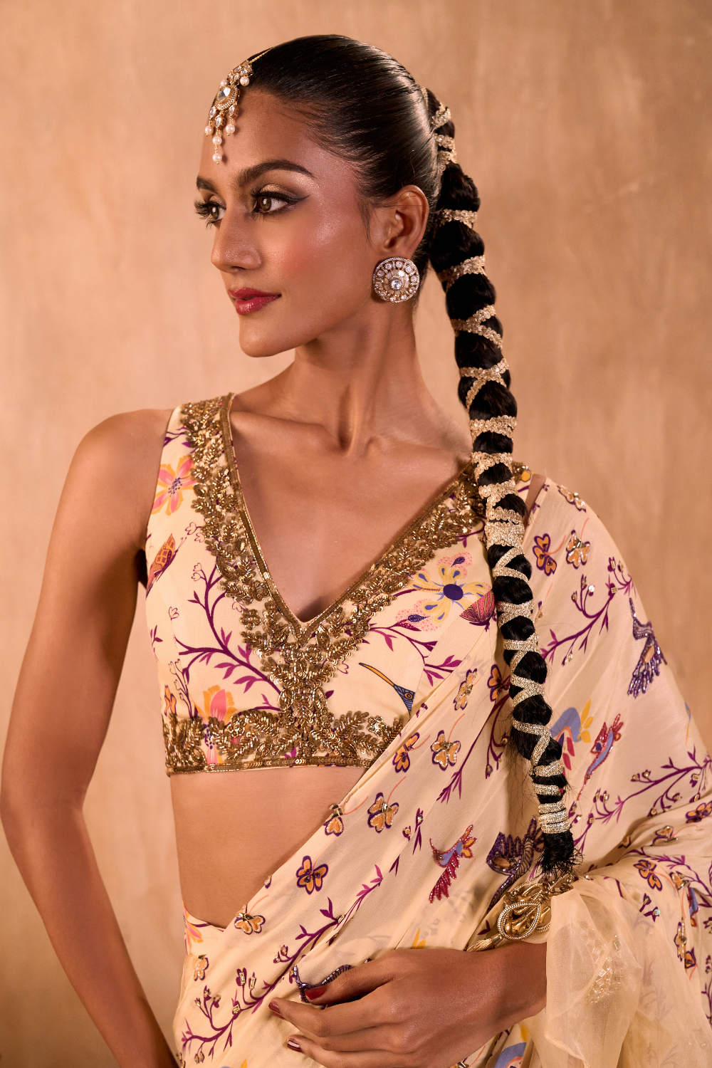 IVORY PRINT EMBROIDERED CHOLI WITH PRE DRAPED RUFFLE SARI SET