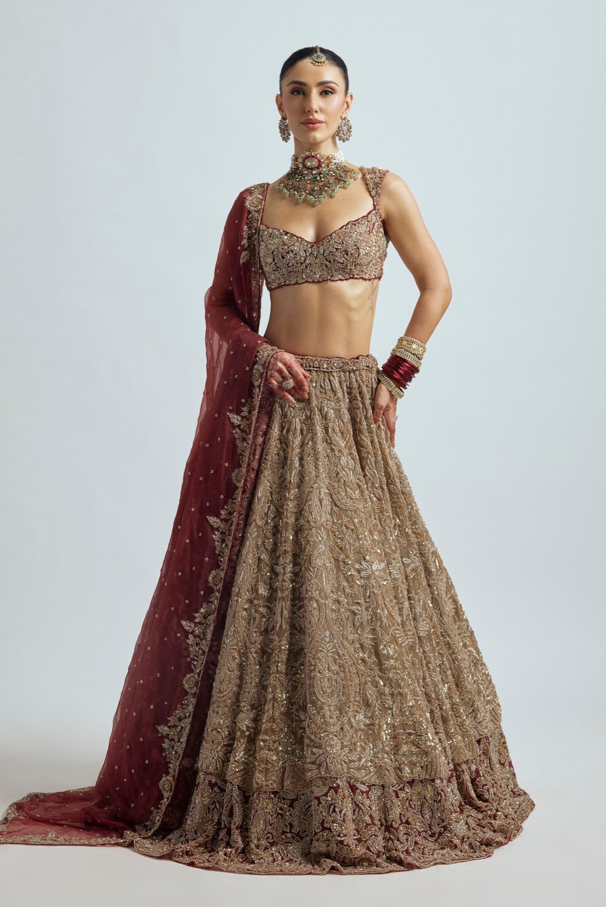 NAZNEEN BROWN MAROON LEHENGA