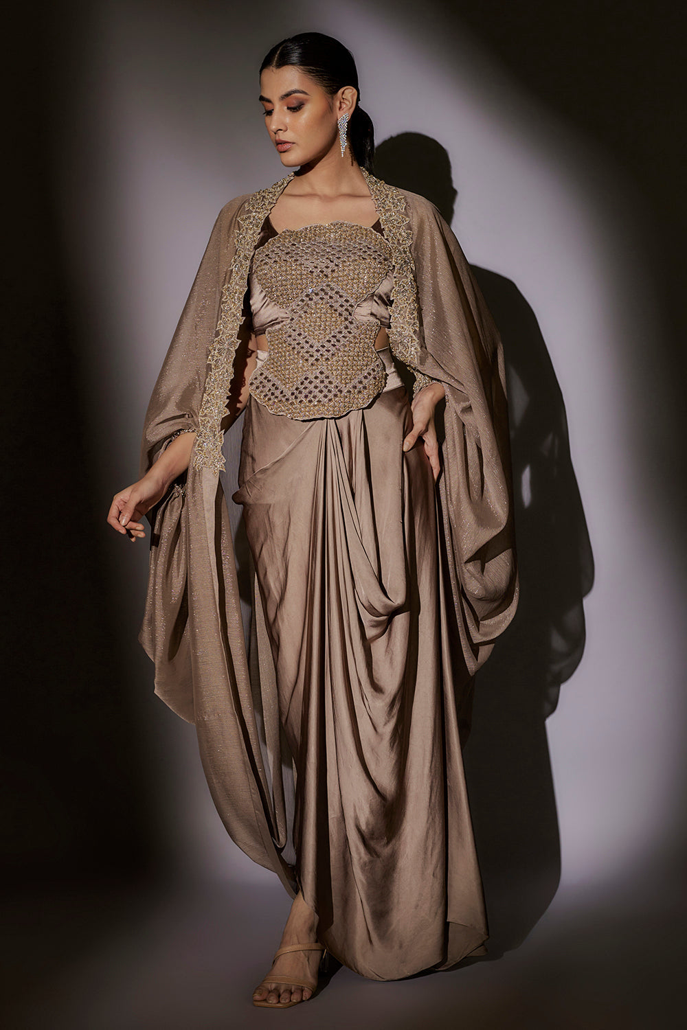 Heavy Hand Mbroidered Top With Ballon Cape Paired With Our Signature Pickup Skirt