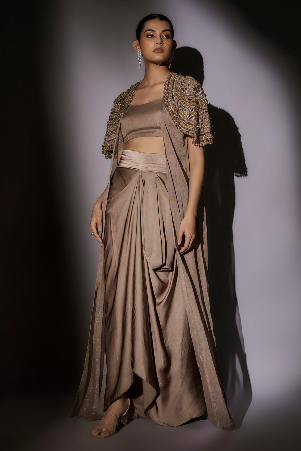 Heavy Bolero Hand Embroidered Long Jacket Paired With Bustier And Hipster Flared Pants