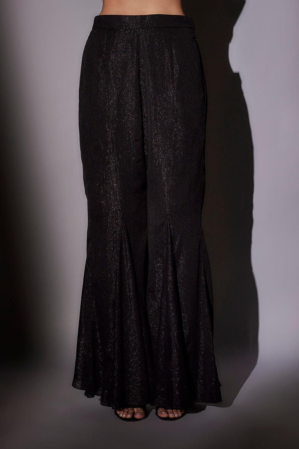 Double Collar Check Embroidered Cape Paird With Lurex Bustier And Panel Flared Sharara