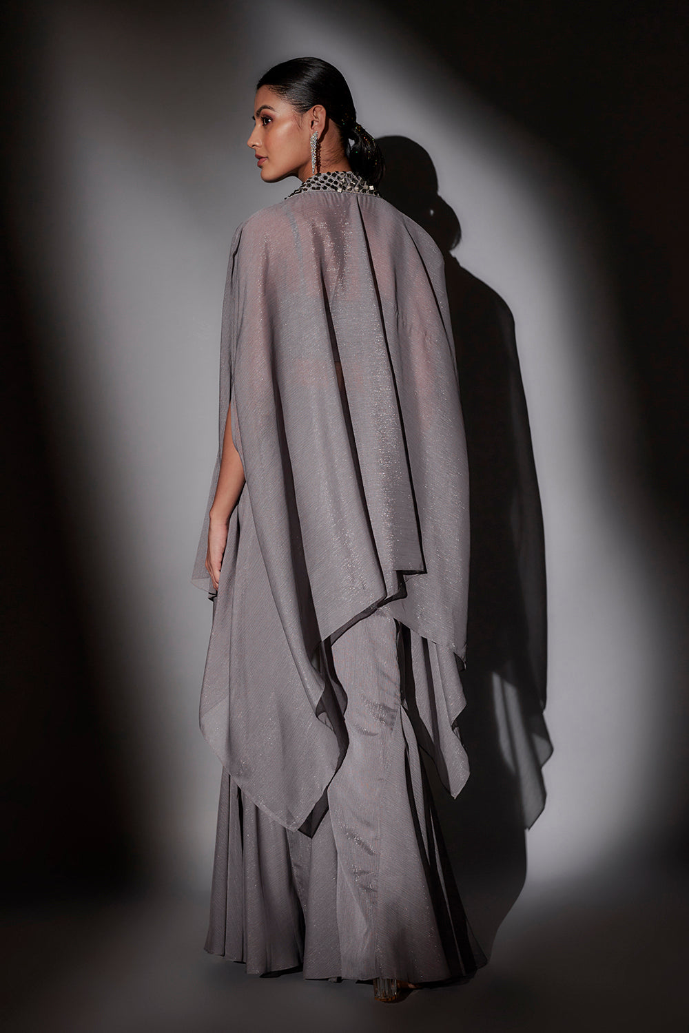 Double Collar Check Embroidered Cape Paird With Lurex Bustier And Panel Flared Sharara