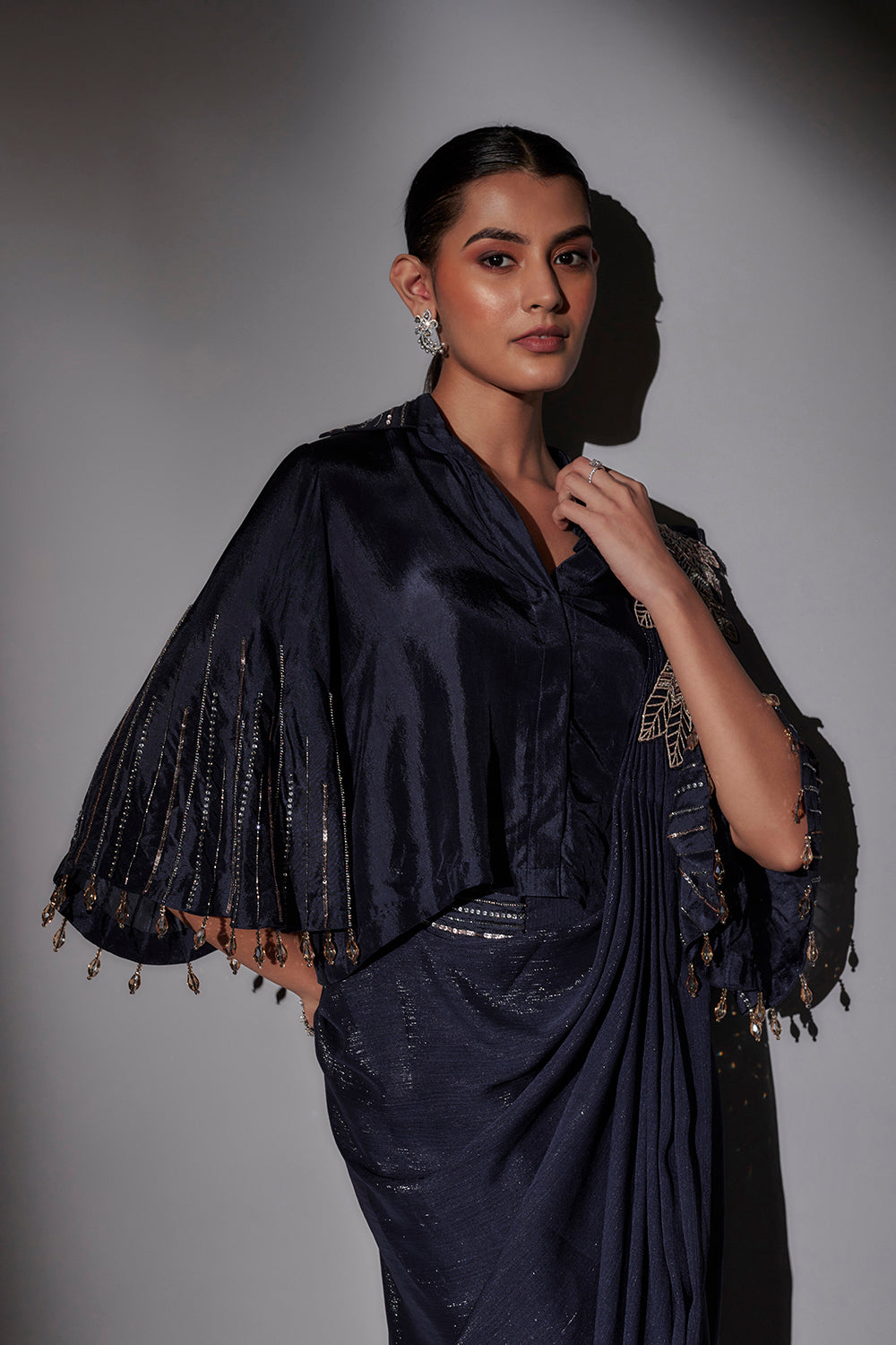 Bohemian Inspired Shirt Blouse With Bell Sleeves Paired With Pre Draped Saree