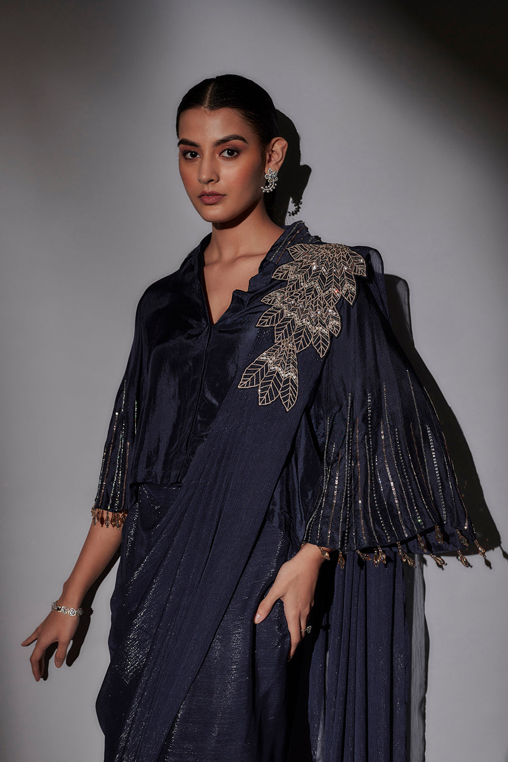 Bohemian Inspired Shirt Blouse With Bell Sleeves Paired With Pre Draped Saree