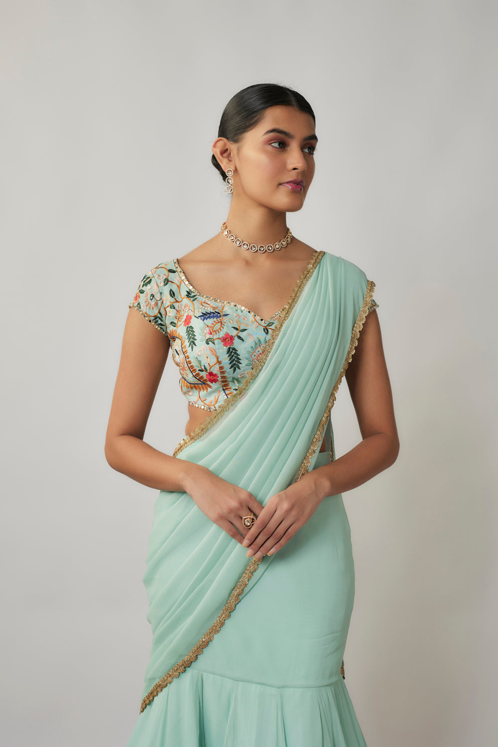 Mint And Multicoloured Thread Embroidered Pre-Stitched Georgette Lehenga Saree Set
