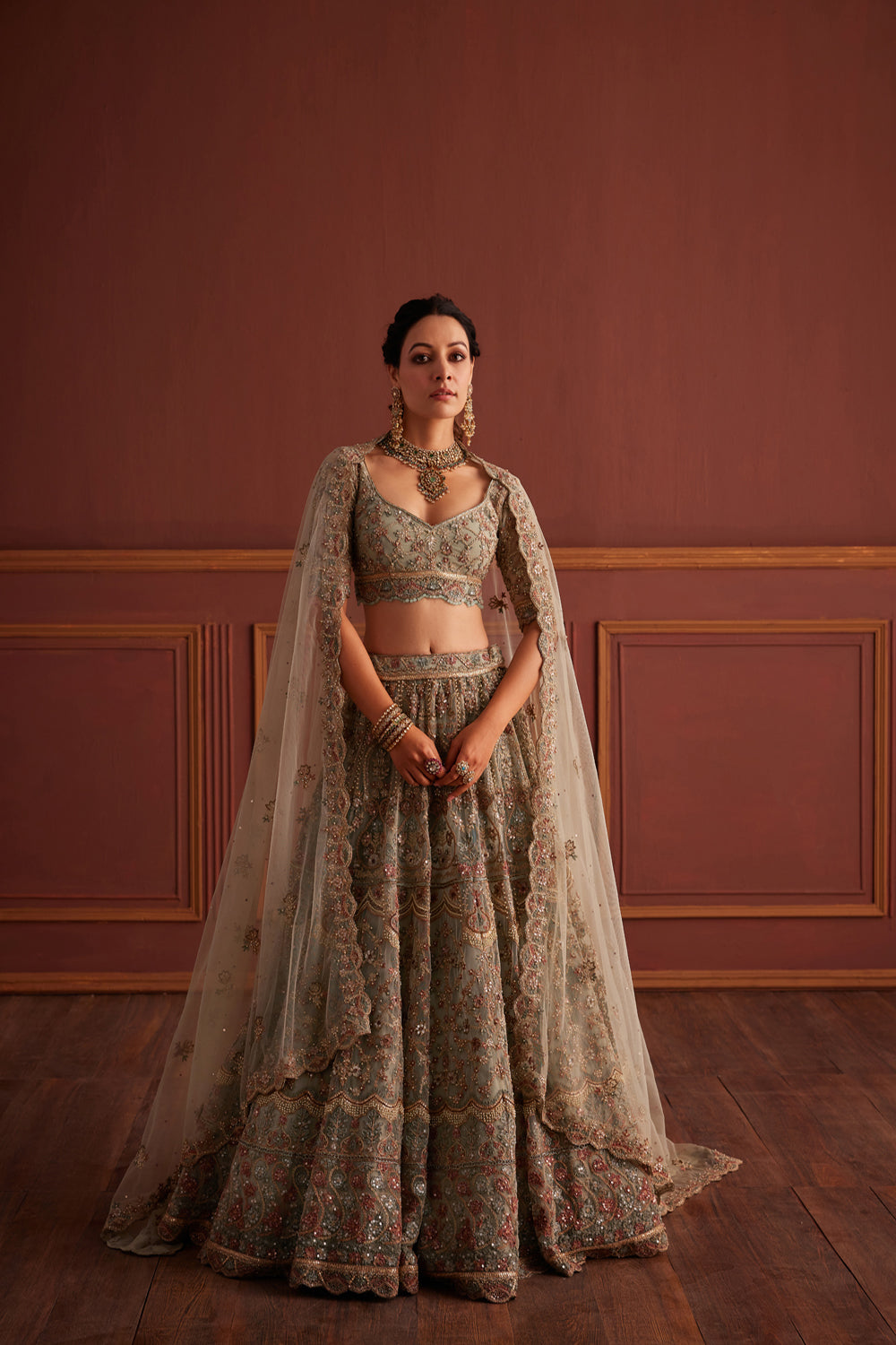 Sage Green Resham Embellished Lehenga