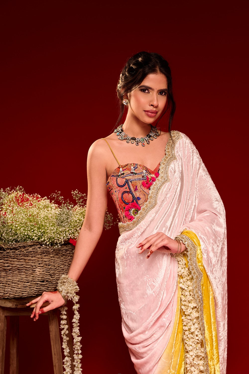Pink yellow saree set