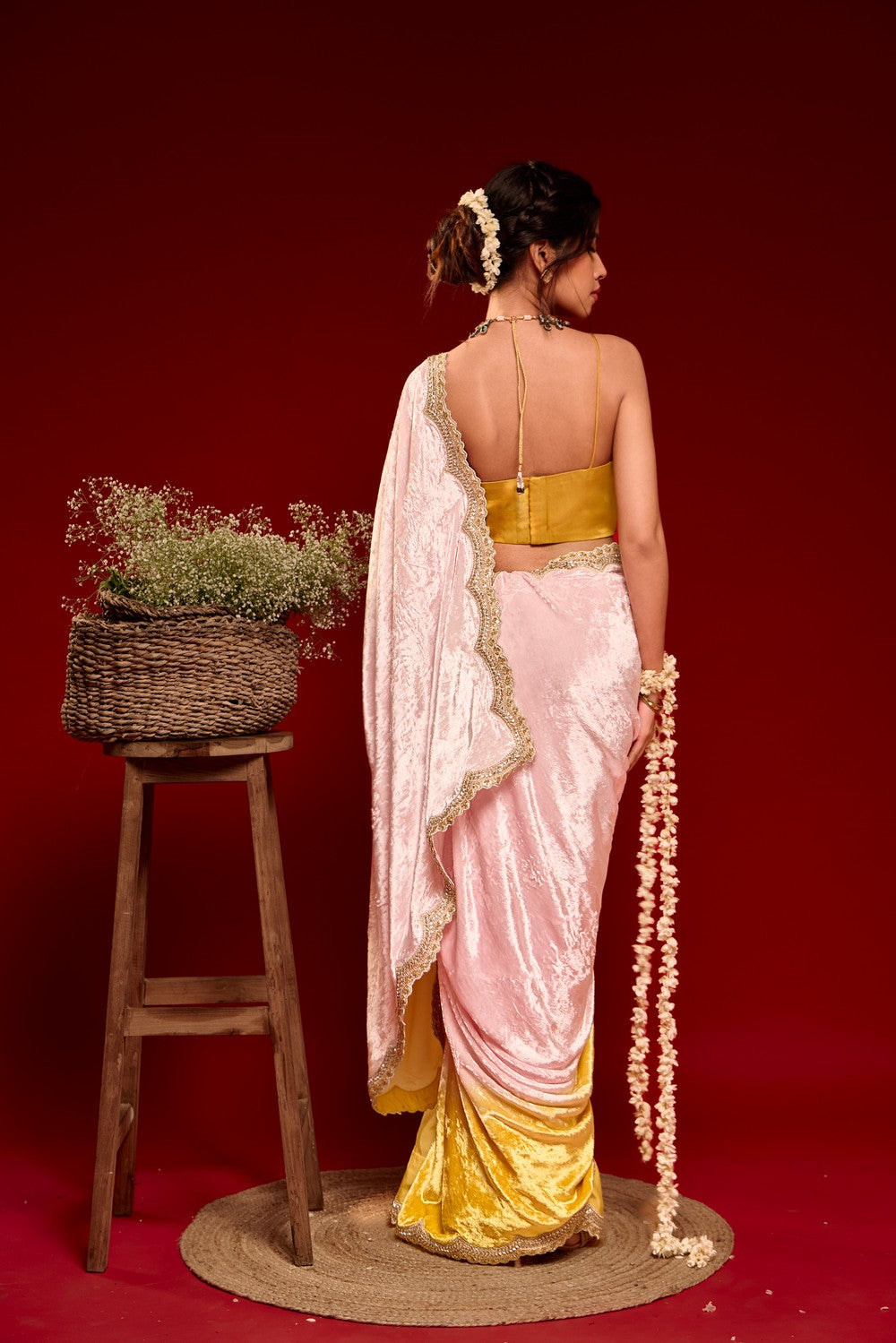Pink yellow saree set