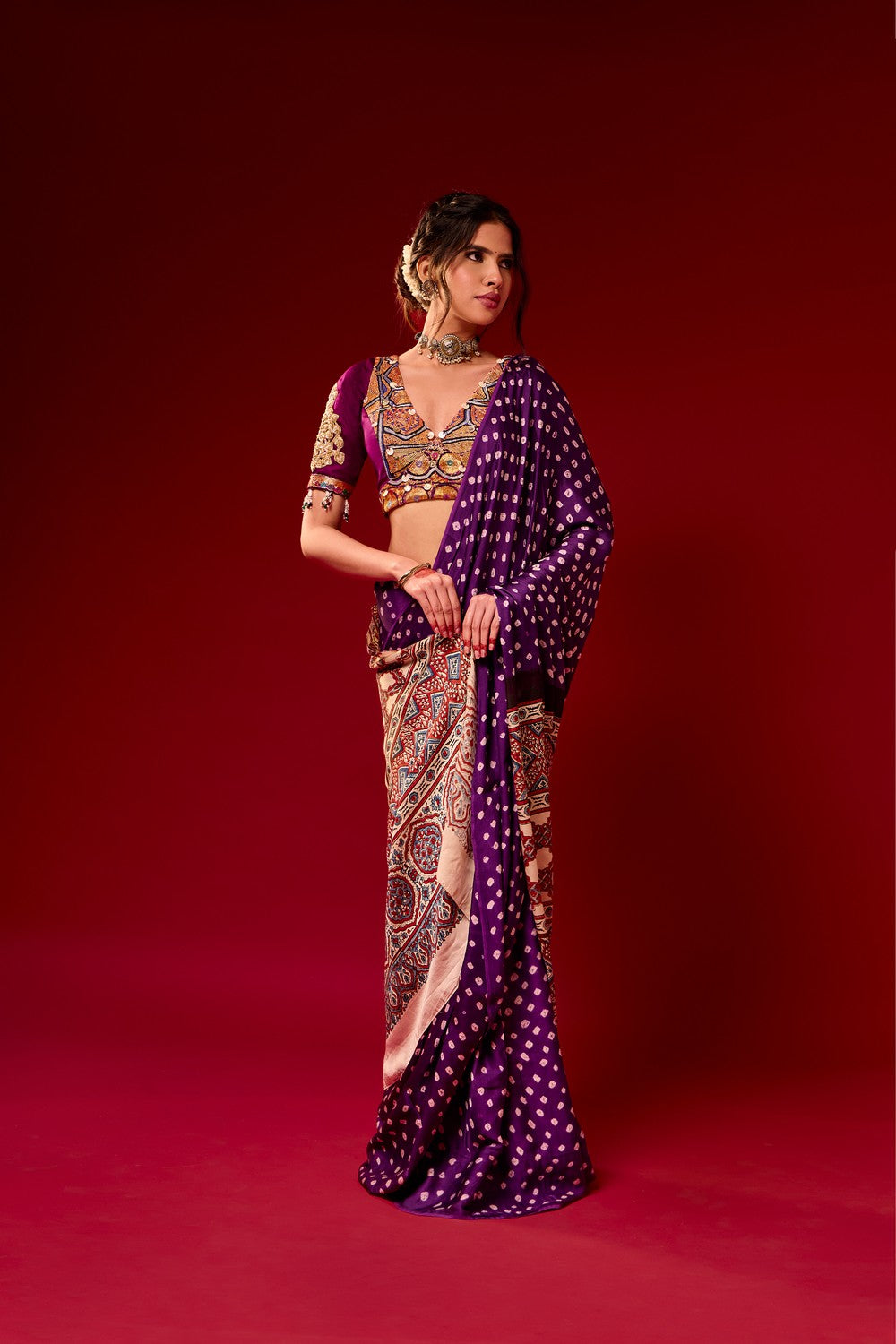 Bandhani ajrakh saree set
