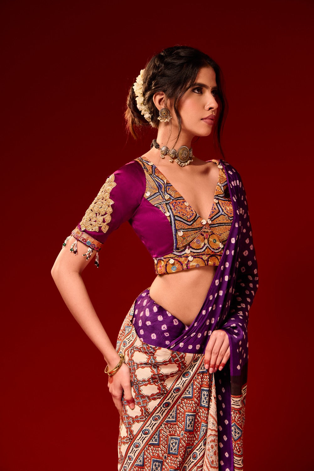 Bandhani ajrakh saree set