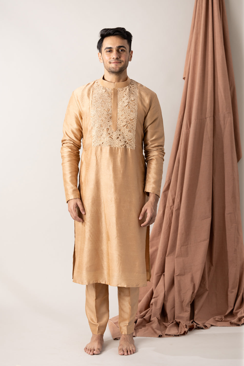 Silk Kurta And Pants With Highlighted Crochet Yoke Placket