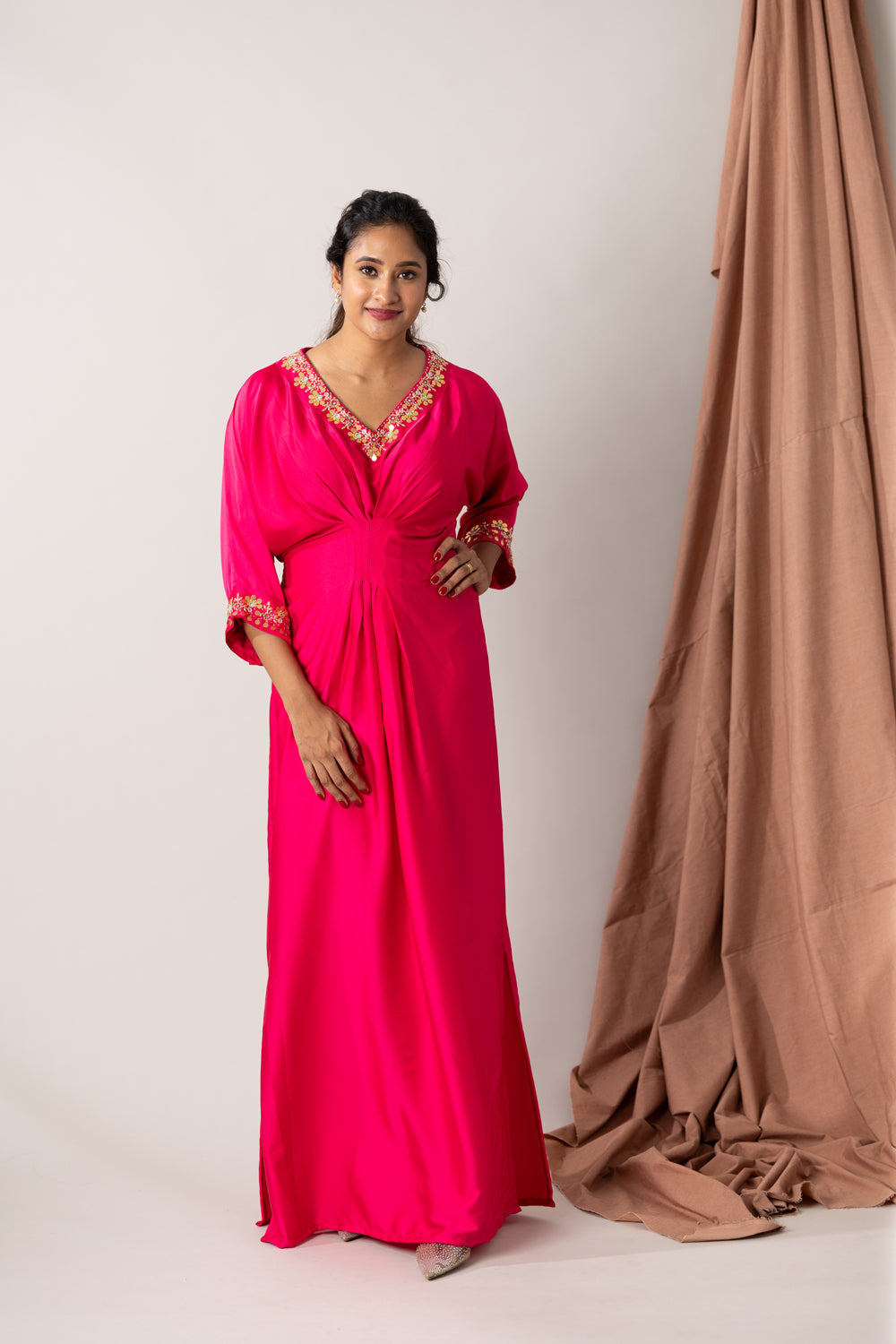 Armani Silk Satin Kaftan With Hand Embroiderdd Neck And Sleeve Ends