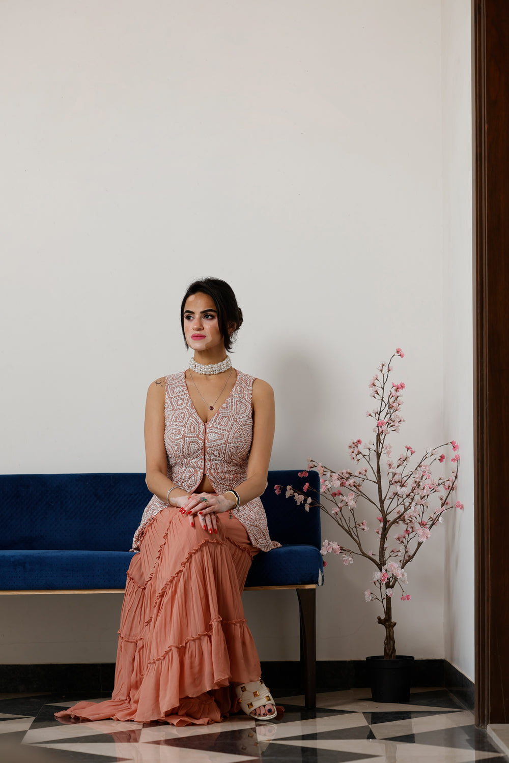 Pearl Embroidered Peplum Top With Sharara
