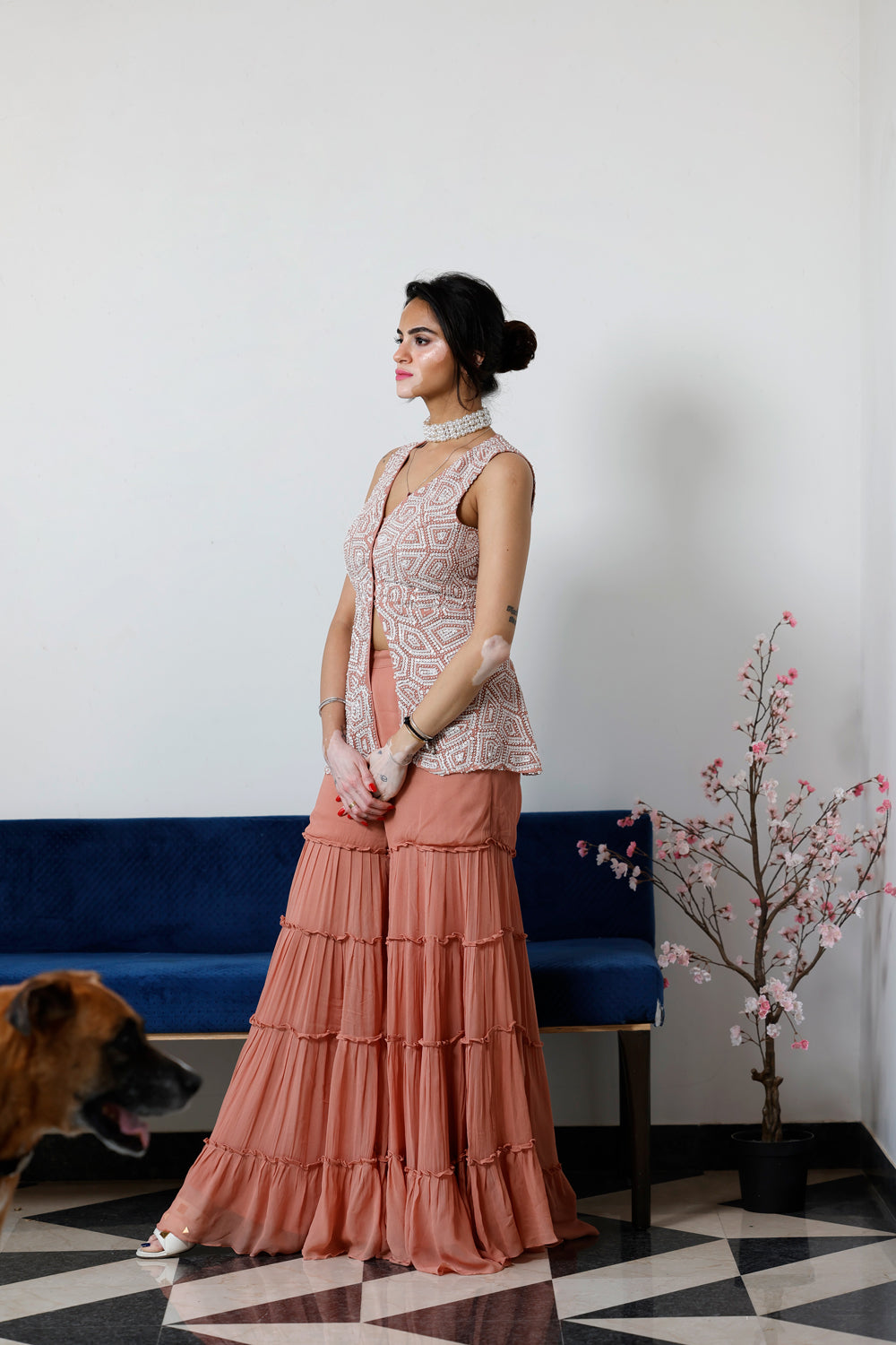 Pearl Embroidered Peplum Top With Sharara