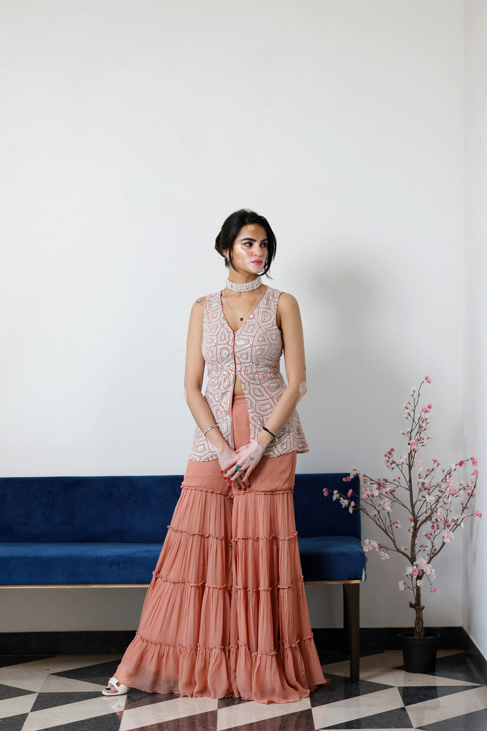 Pearl Embroidered Peplum Top With Sharara