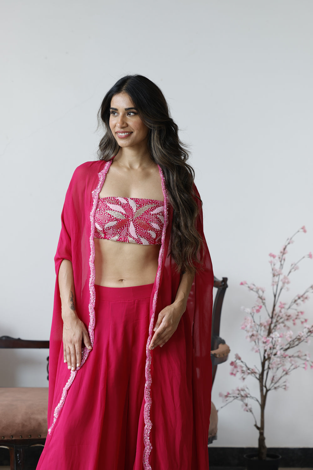 Pink Bandeau Top With Cape And Psants