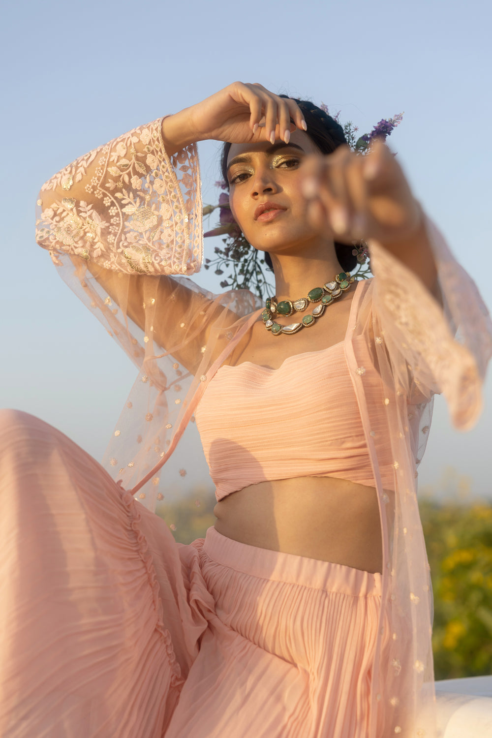 Net Embroidered Jacket With Hand Pleated Crop Top And Pants