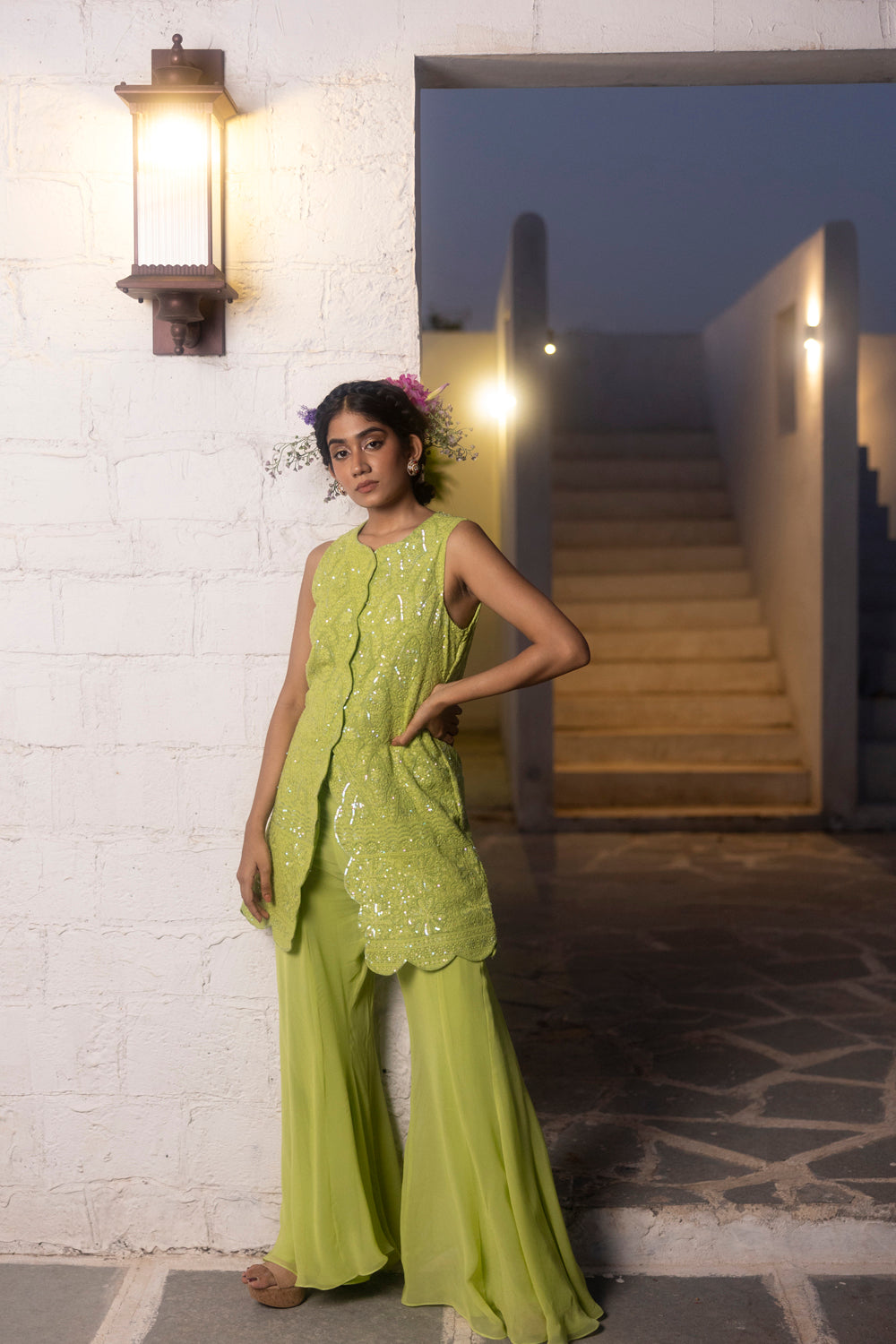 Thread Work Kurta With Georgette Sharara