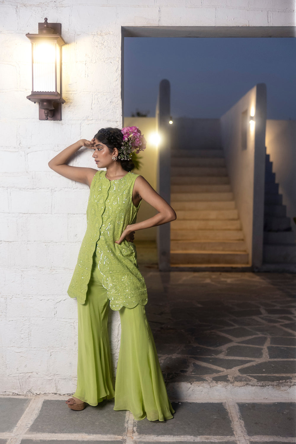 Thread Work Kurta With Georgette Sharara