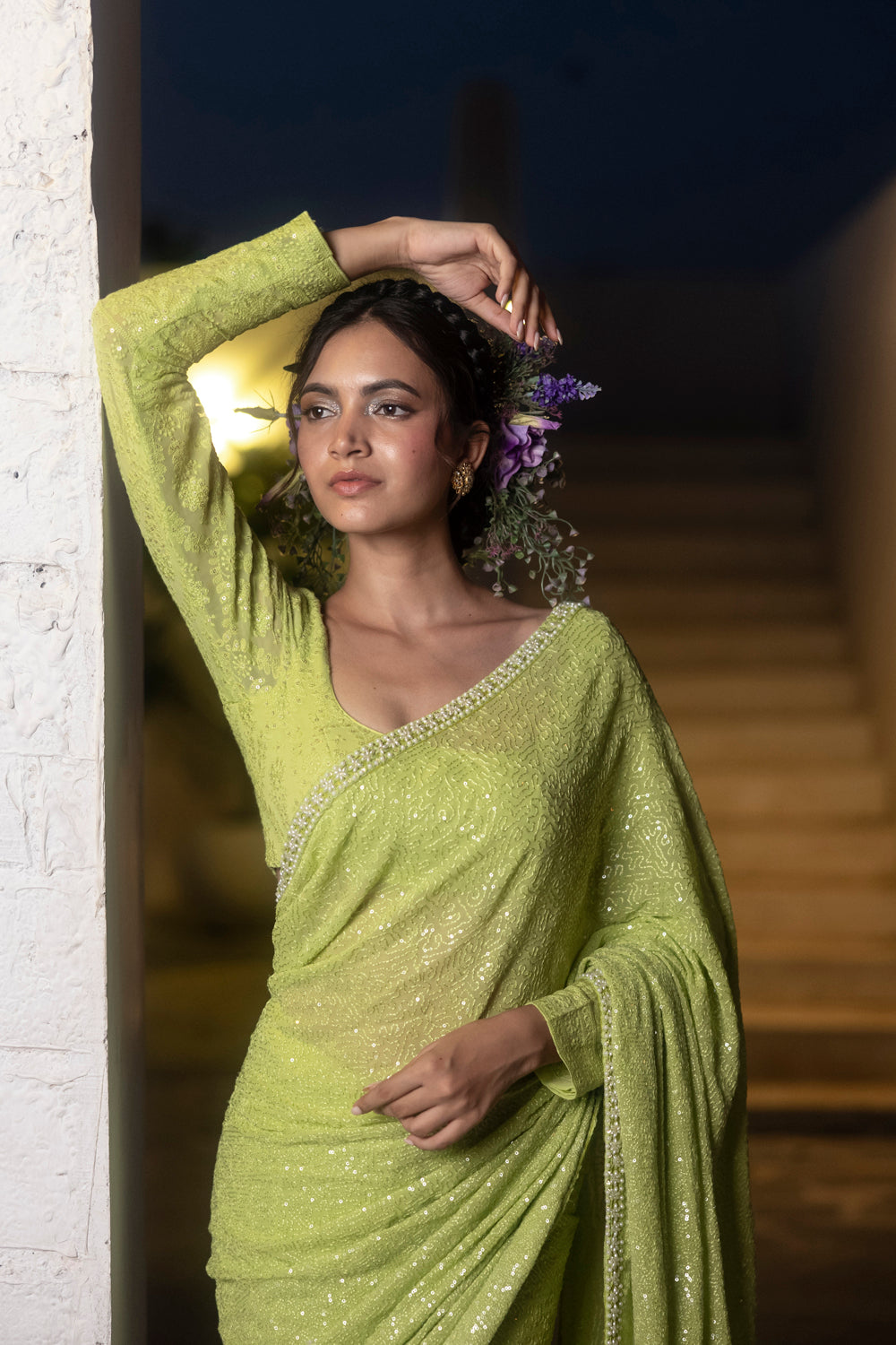 Green Georgette Sequin Embroidered Saree