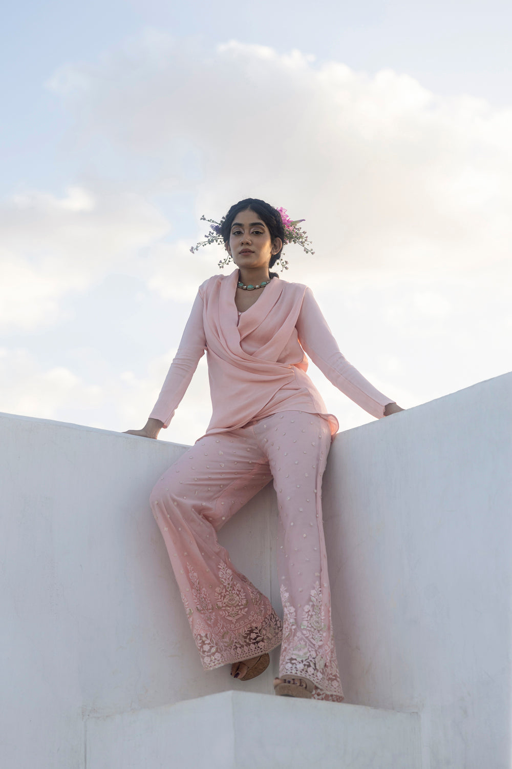 Satin Draped Blazer With Net Embroidered Pants