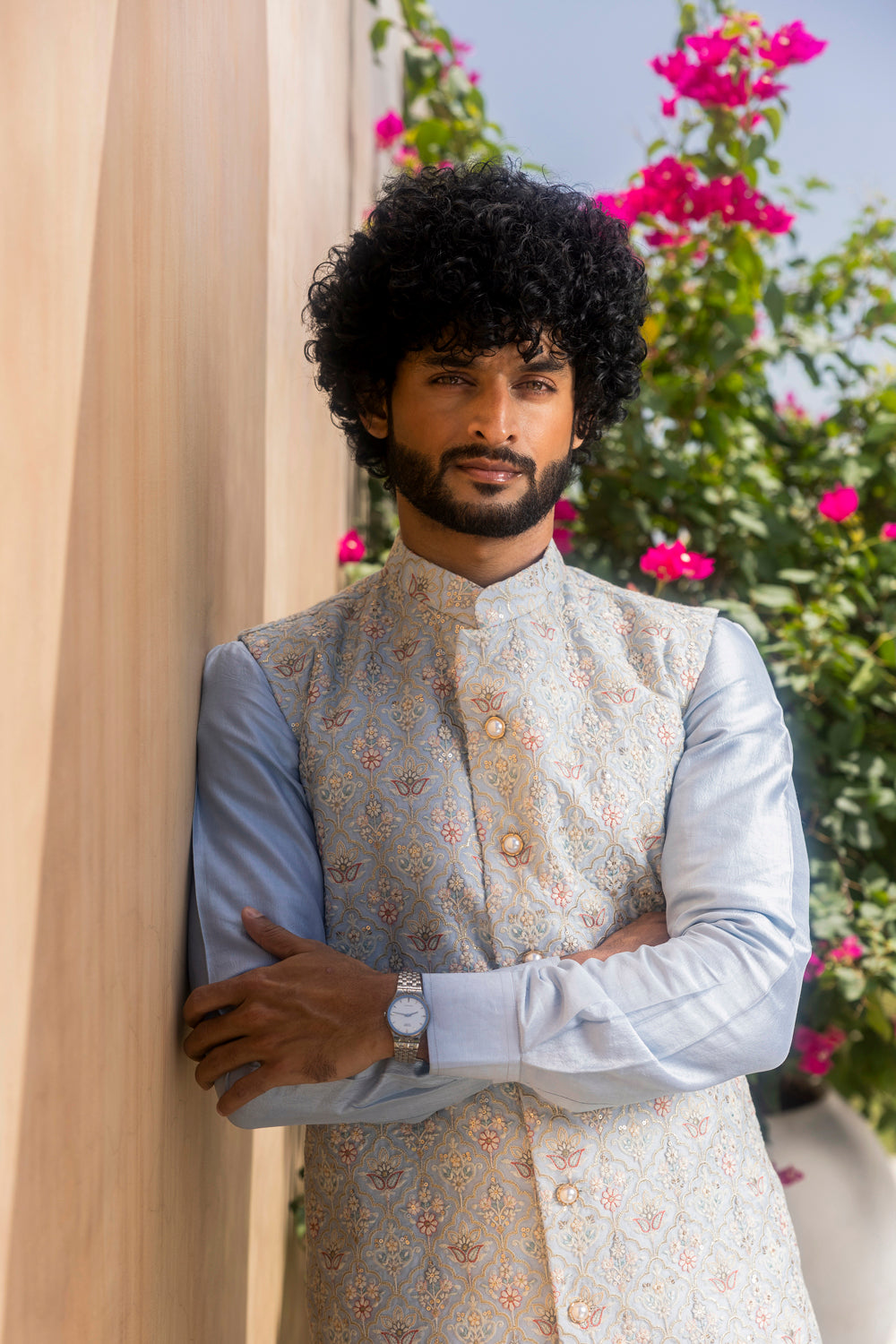 Powder Blue Organza Embroidered Jacket With Silk Kurta
