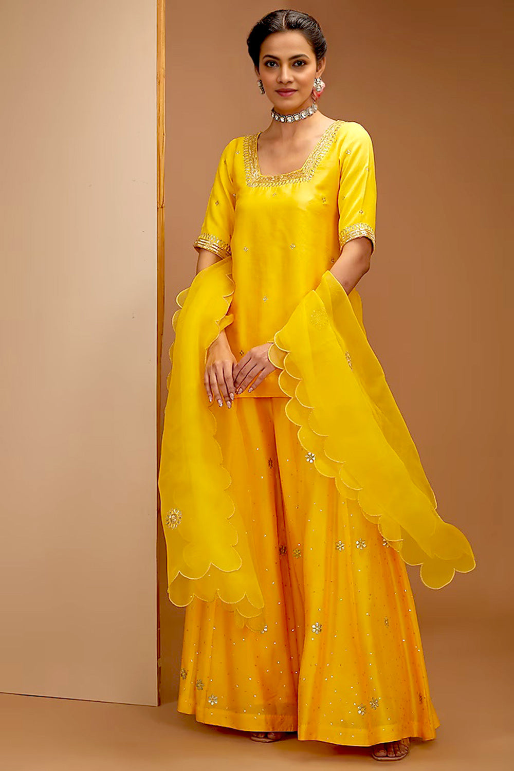 Yellow Color Dupion Silk Hand Embroidered Sharara Set
