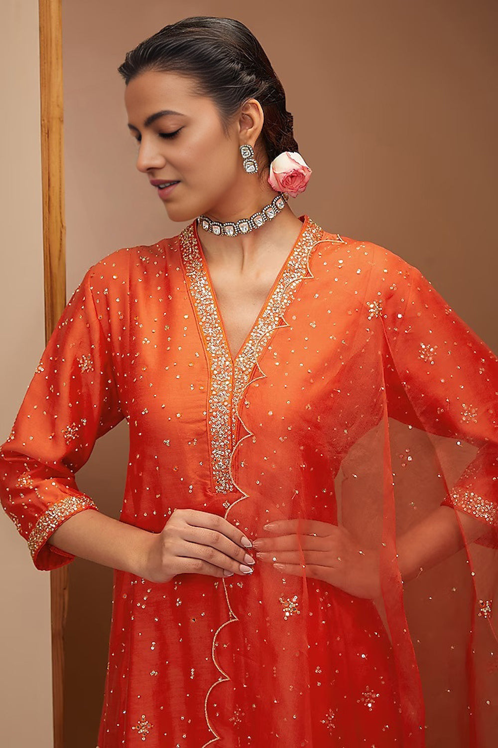 Tangy Red Embroidered Kali Kurta Set