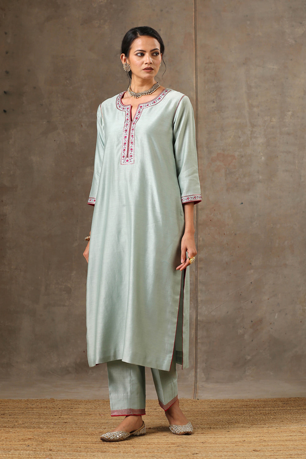 Sage Green Hand Embroidered Chanderi Silk Set