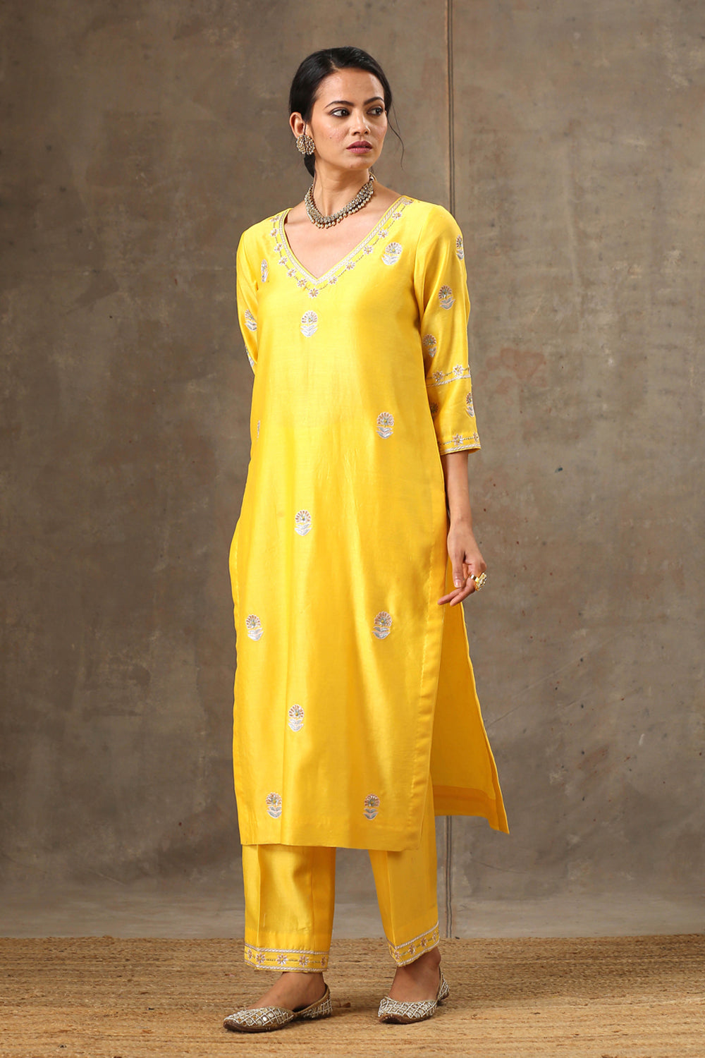 Yellow Color Hand Embroidered Chanderi Silk Kurta Set
