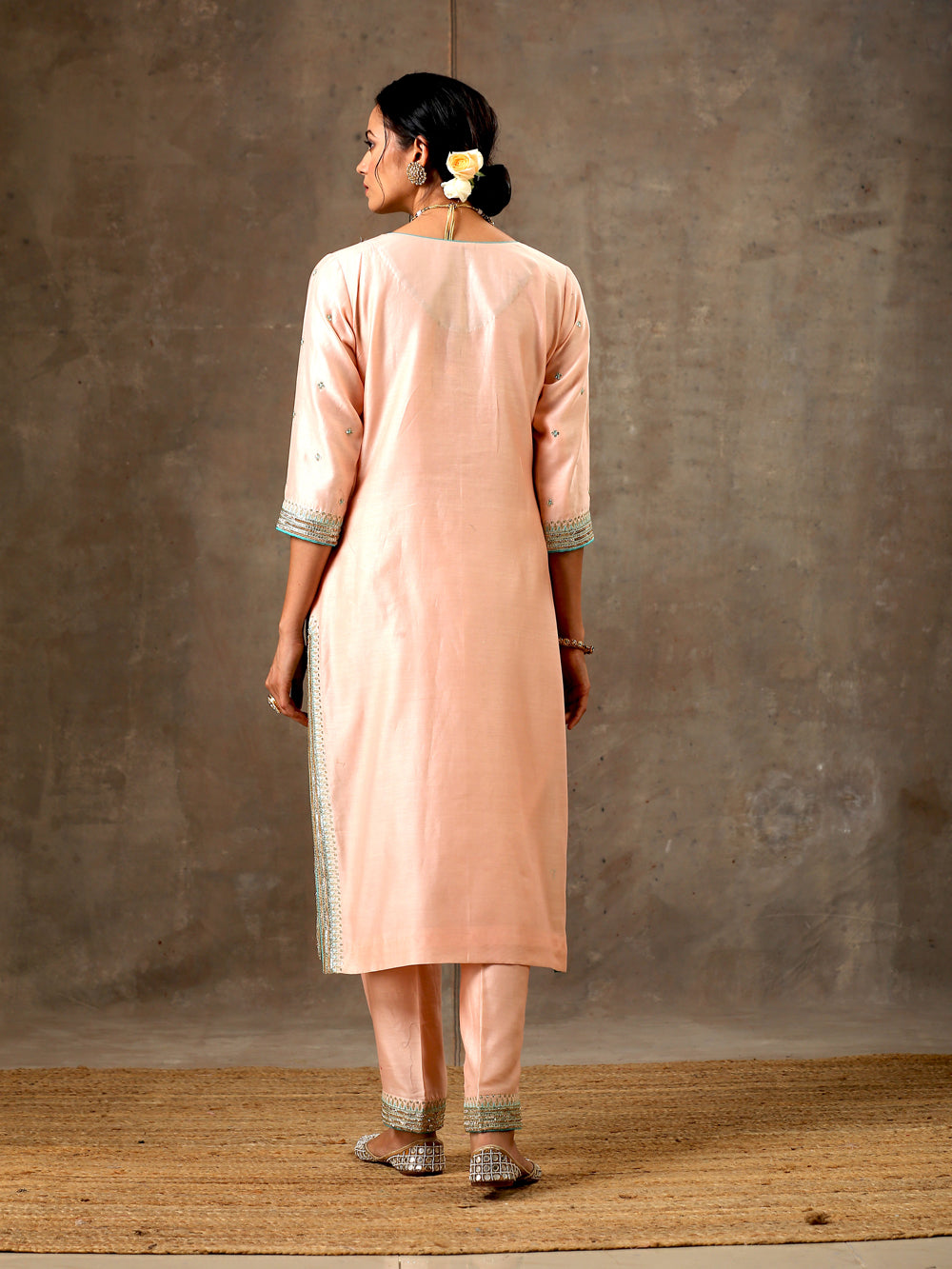 Peach Green Hand Embroidered Chanderi Silk Kurta Set