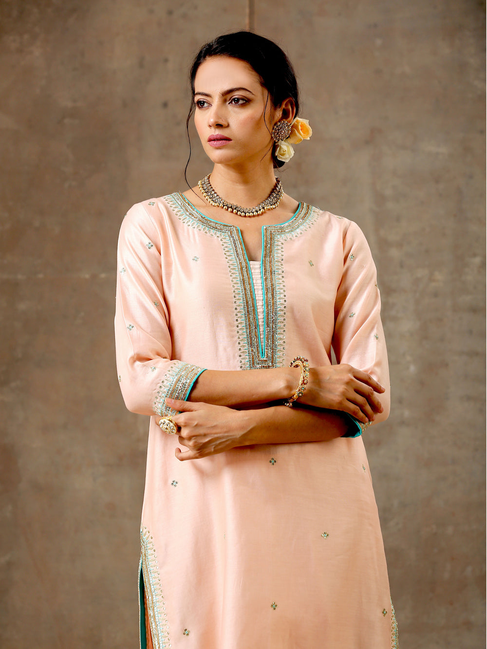 Peach Green Hand Embroidered Chanderi Silk Kurta Set