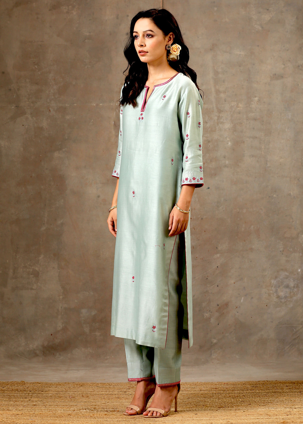 Sage Green Pink Hand Embroidered Chanderi Silk Kurta Set