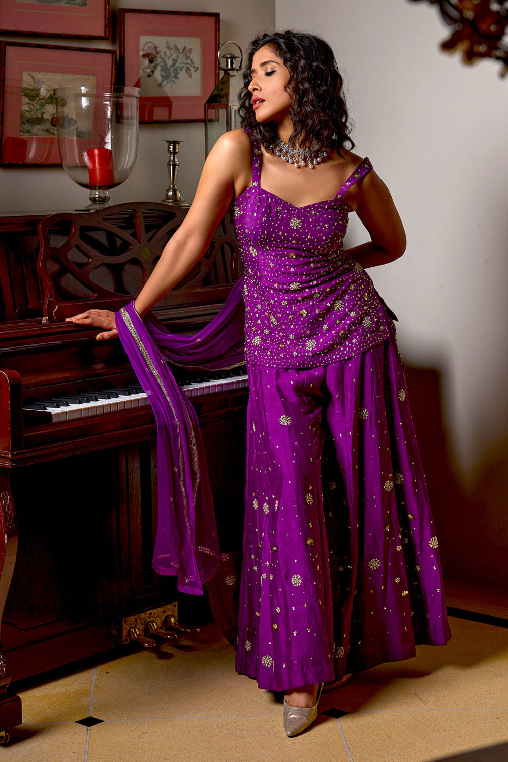 Sassy Sharara Set Handembroidered In Purple Color