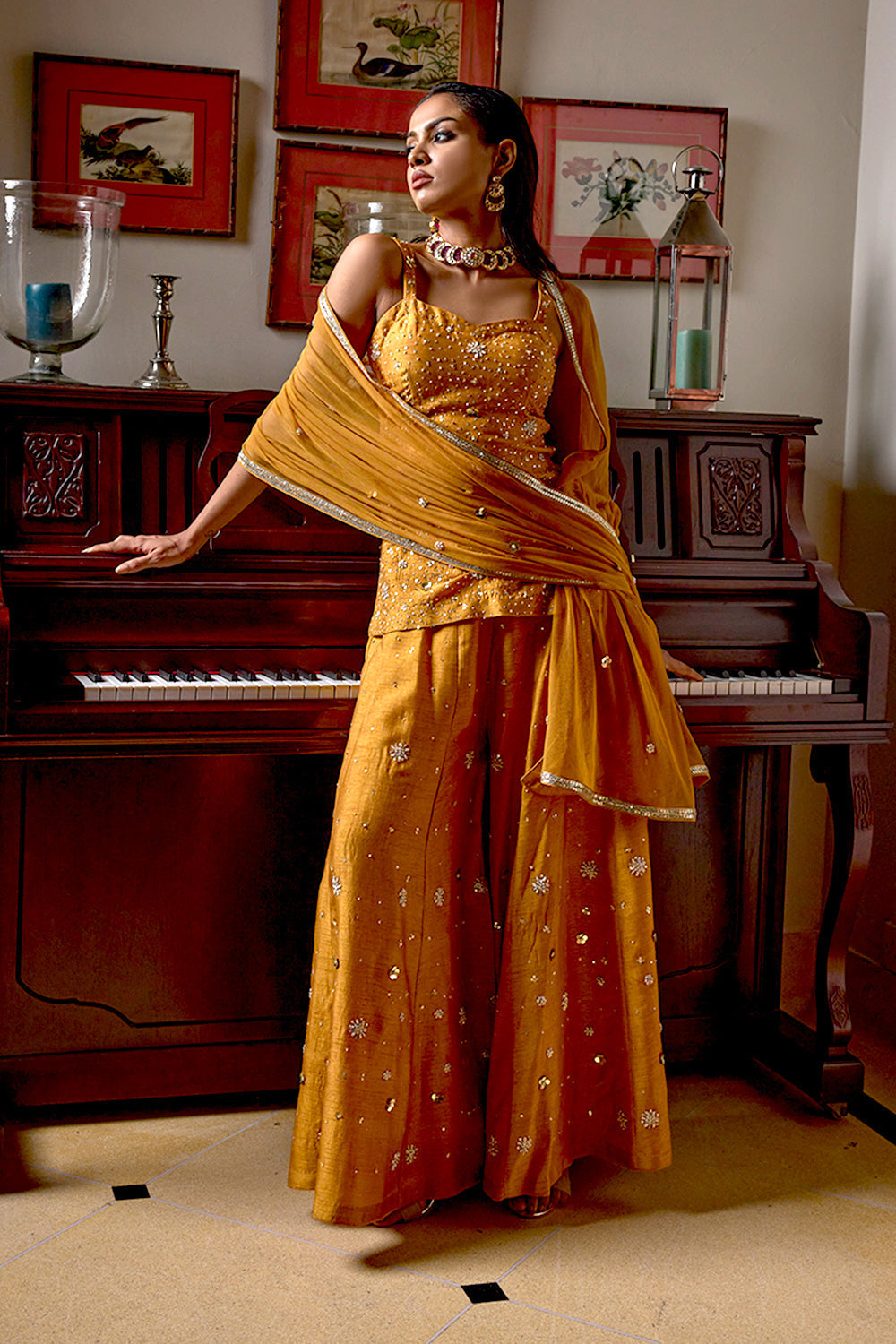 Golden Color Hand Embroidered Sassy Sharara Set