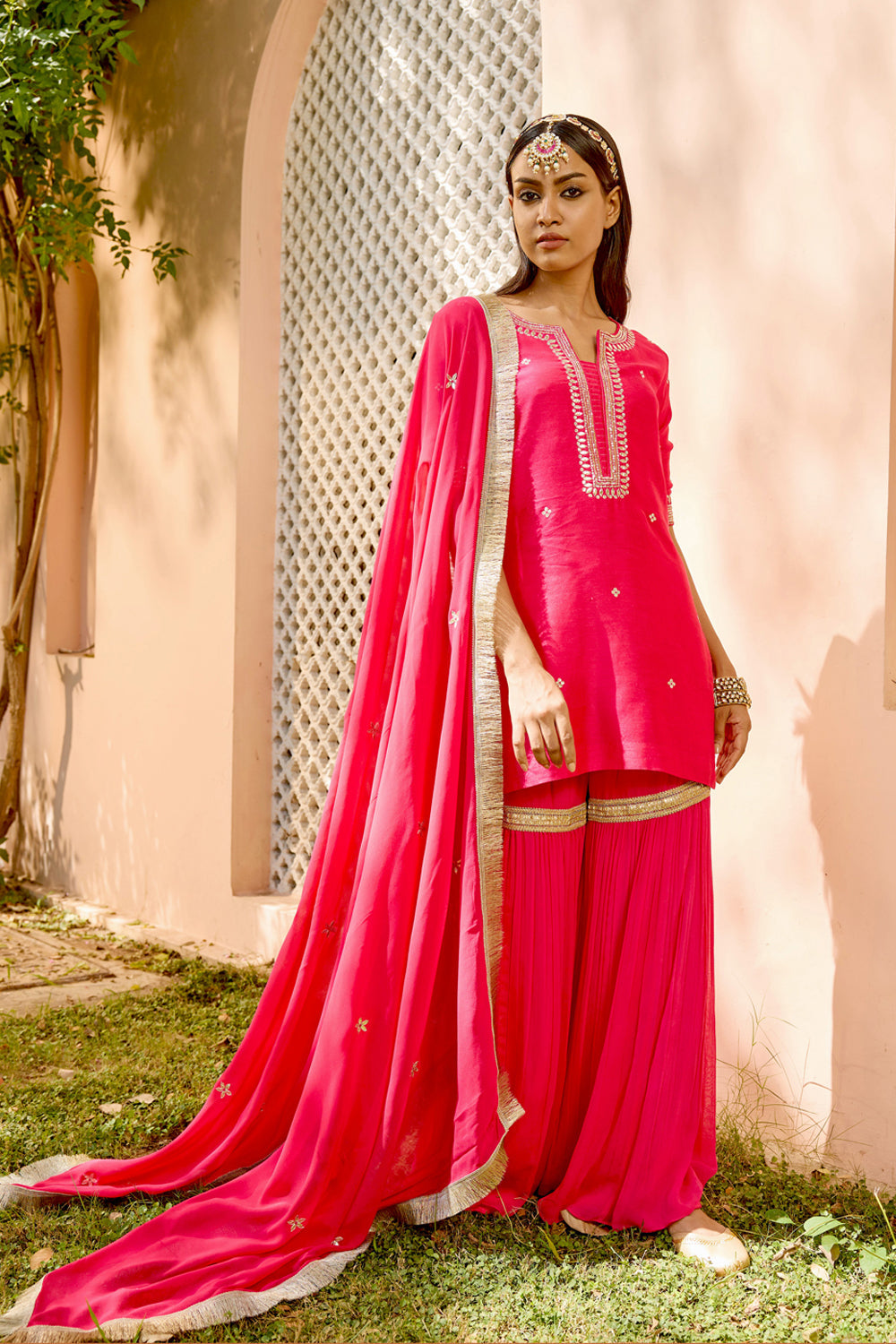 Rani Pink Silk Georgette Embroidered Sharara Set