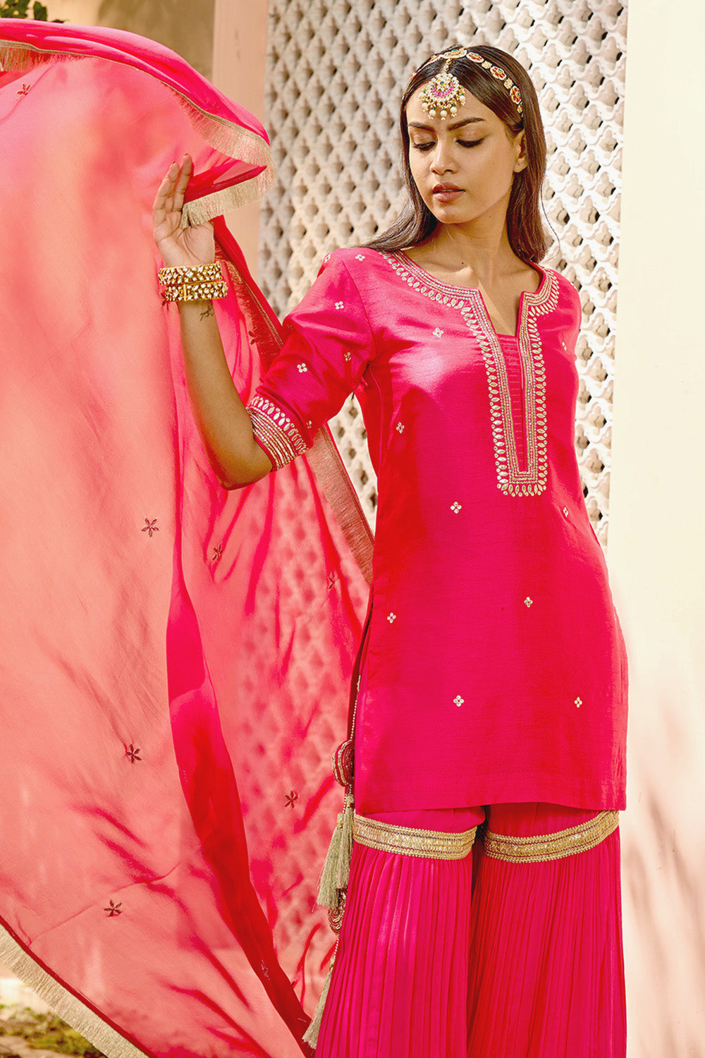 Rani Pink Silk Georgette Embroidered Sharara Set